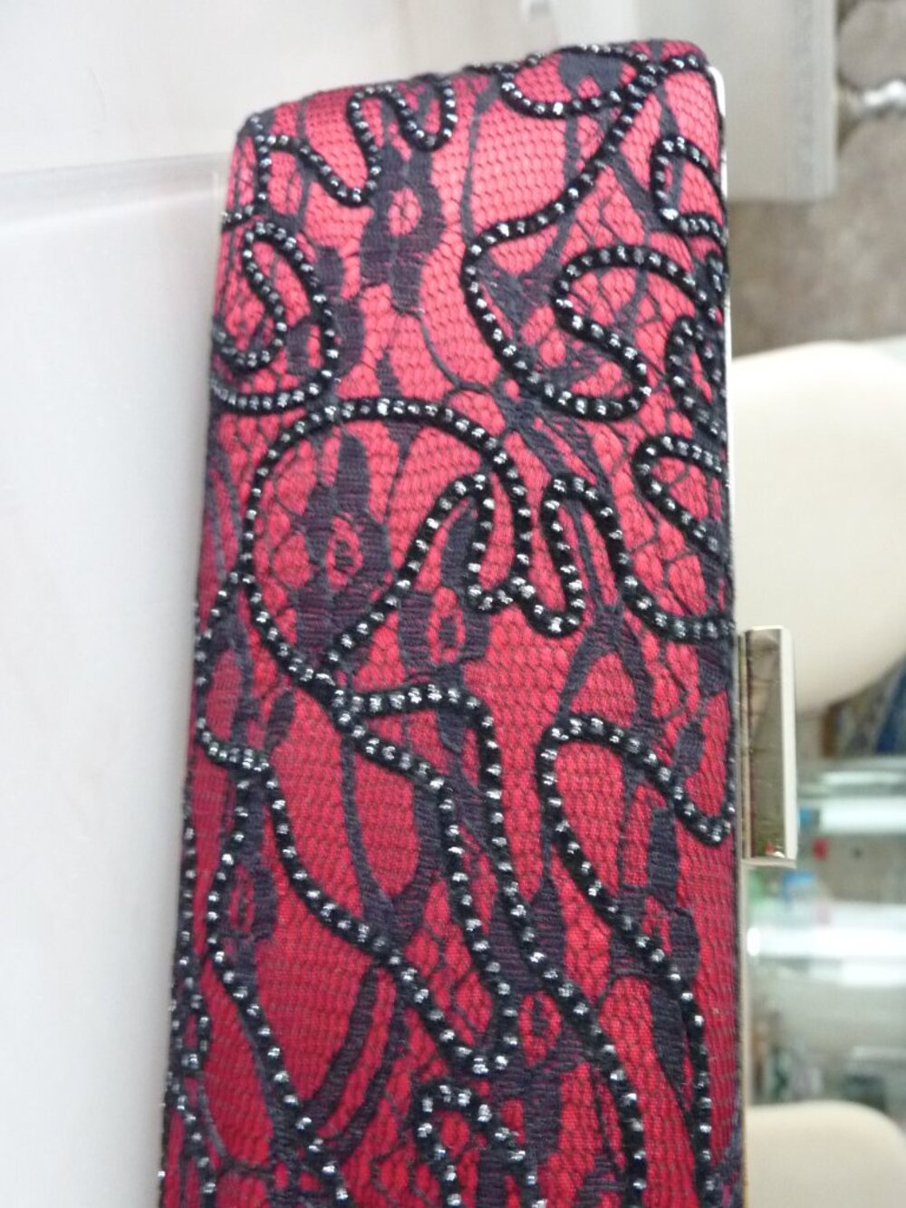 LULU TOWNSEND Red Satin Black Lace Hard Case handbag purse clutch Silver Chain - Picture 12 of 15